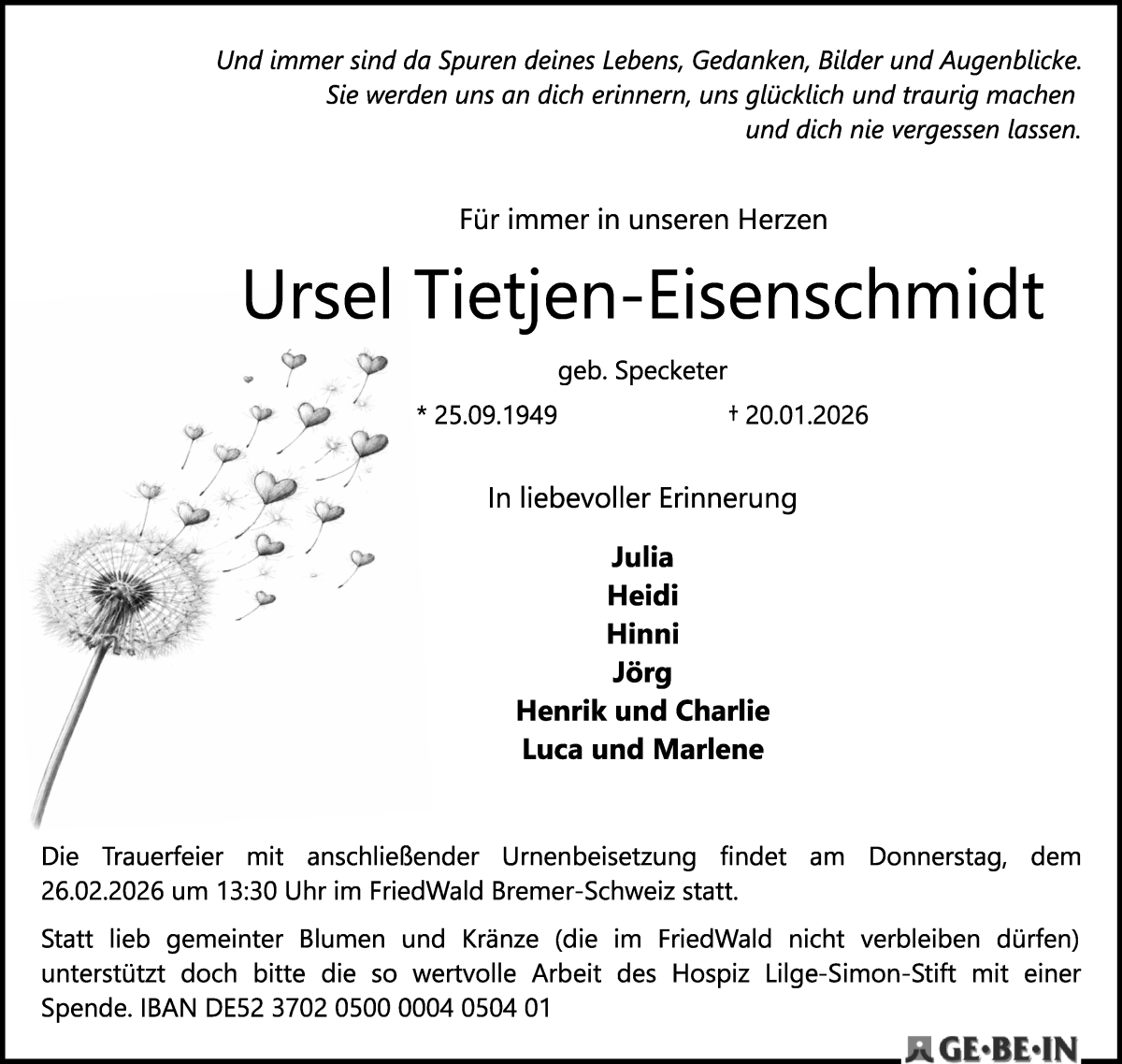 Traueranzeige von Ursel Tietjen-Eisenschmidt von Die Norddeutsche