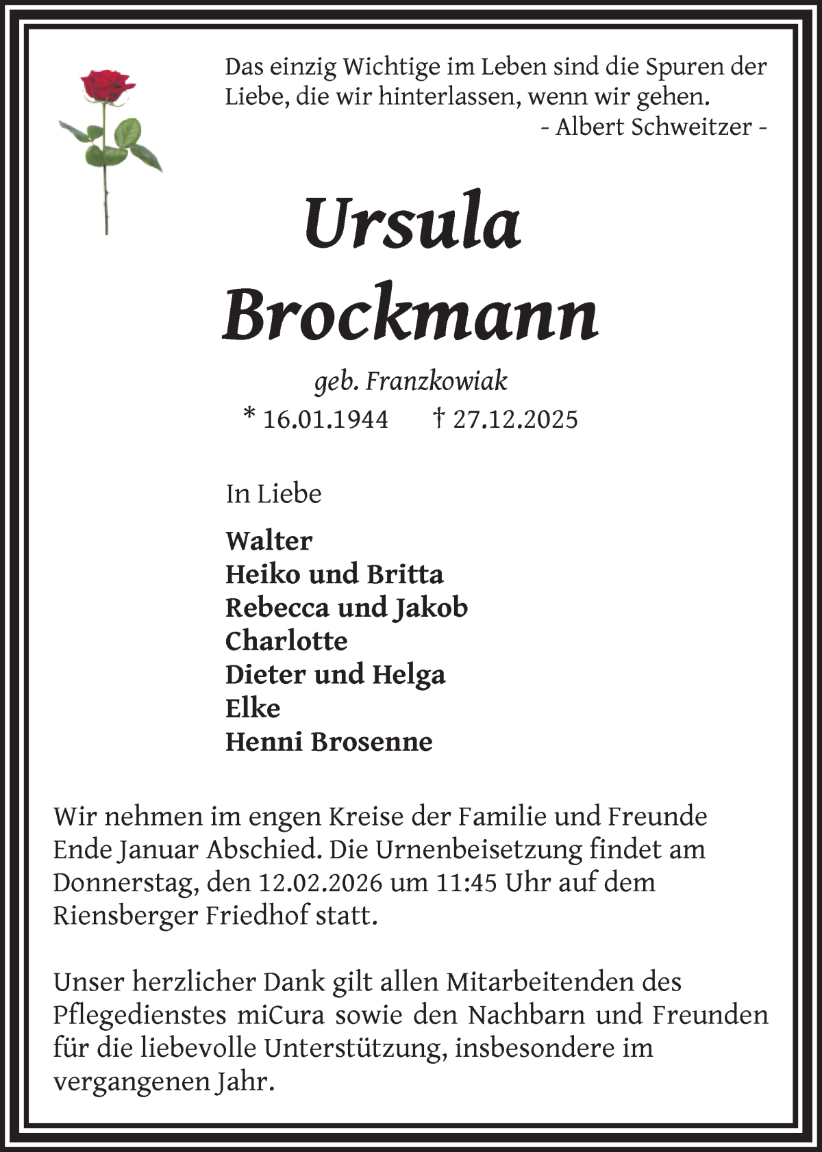 Traueranzeige von Ursula Brockmann von WESER-KURIER