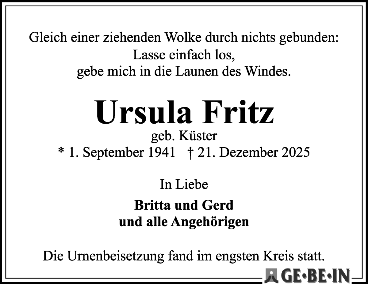  Traueranzeige für Ursula Fritz vom 17.01.2026 aus WESER-KURIER