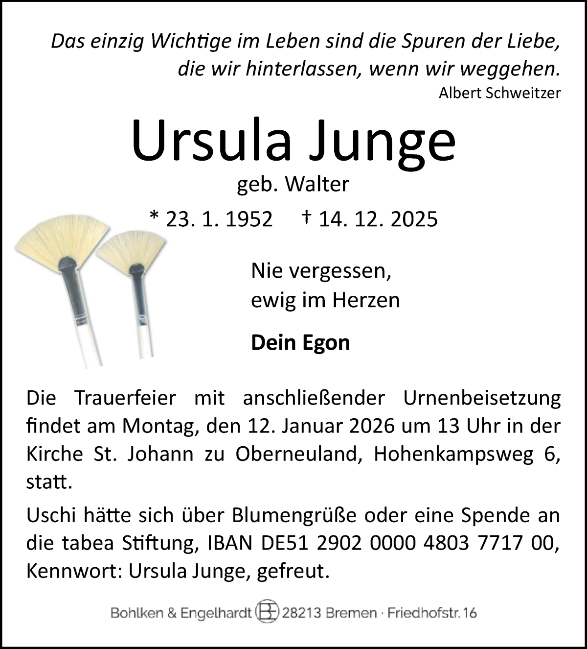  Traueranzeige für Ursula Junge vom 03.01.2026 aus WESER-KURIER