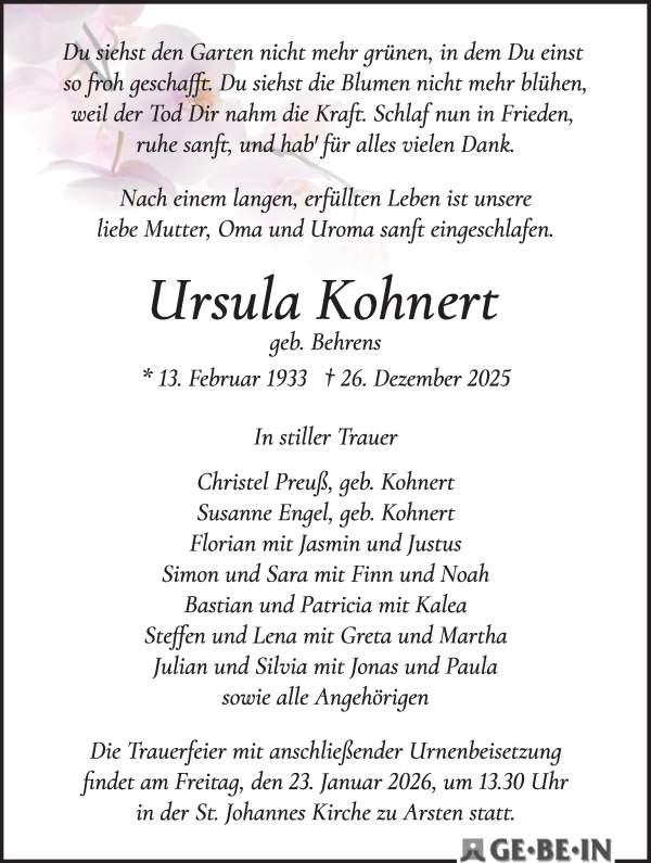 Traueranzeige von Ursula Kohnert von Wuemme Zeitung