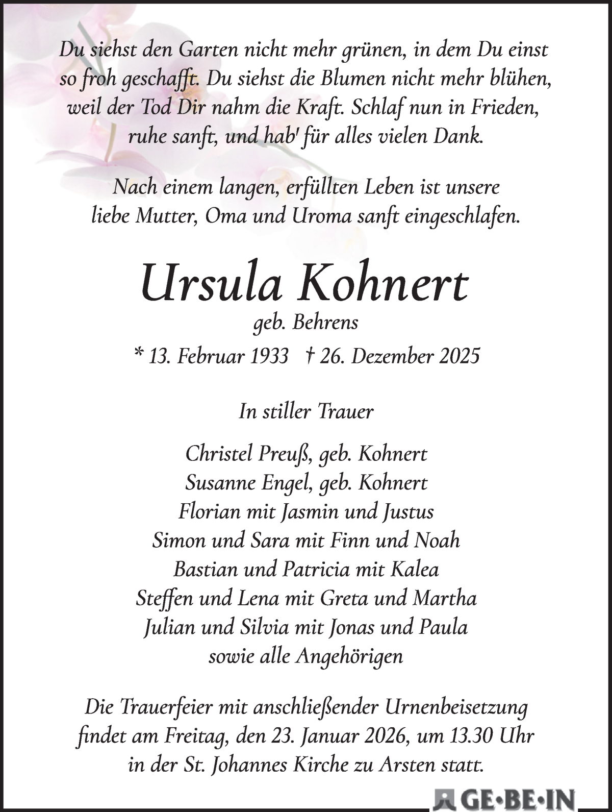  Traueranzeige für Ursula Kohnert vom 10.01.2026 aus Wuemme Zeitung