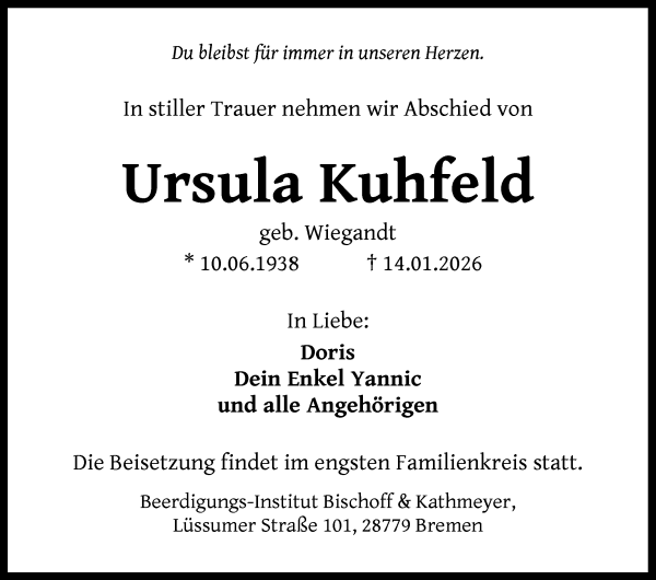 Traueranzeige von Ursula Kuhfeld von Die Norddeutsche