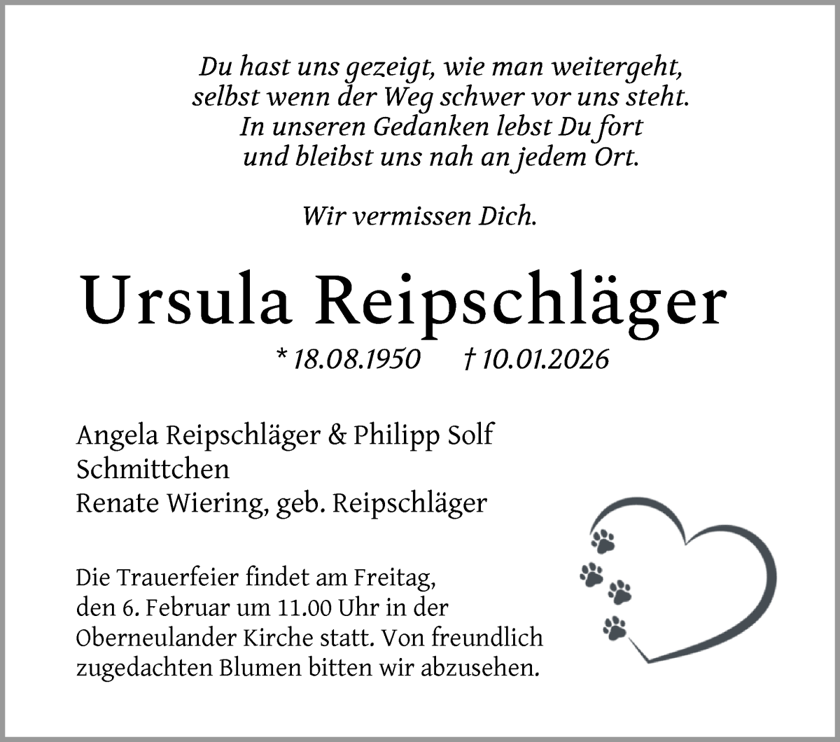 Traueranzeige von Ursula Reipschläger von WESER-KURIER