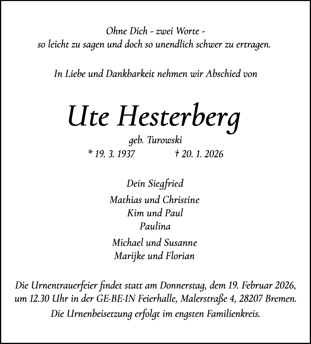 Traueranzeige von Ute Hesterberg von WESER-KURIER