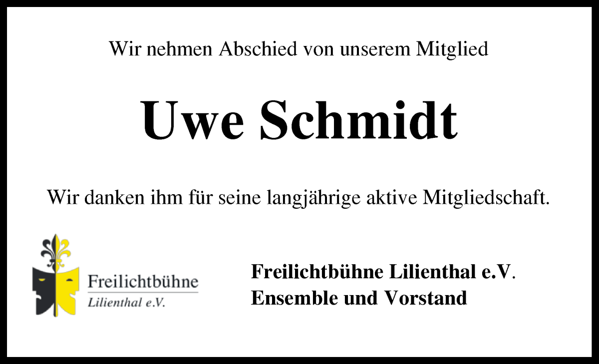 Traueranzeige von Uwe Schmidt von Wuemme Zeitung