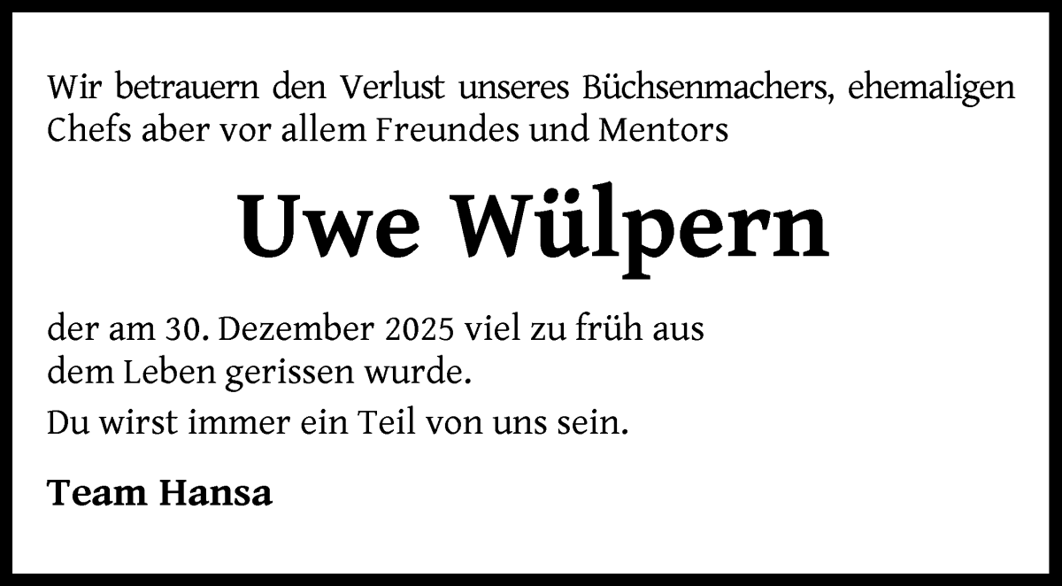Traueranzeige von Uwe Wülpern von WESER-KURIER