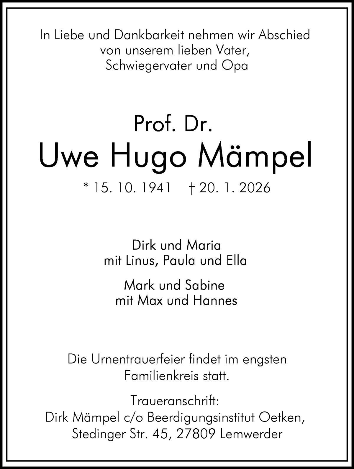 Traueranzeige von Uwe Hugo Mämpel von WESER-KURIER