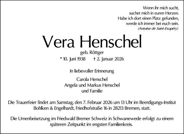 Traueranzeige von Vera Henschel von WESER-KURIER