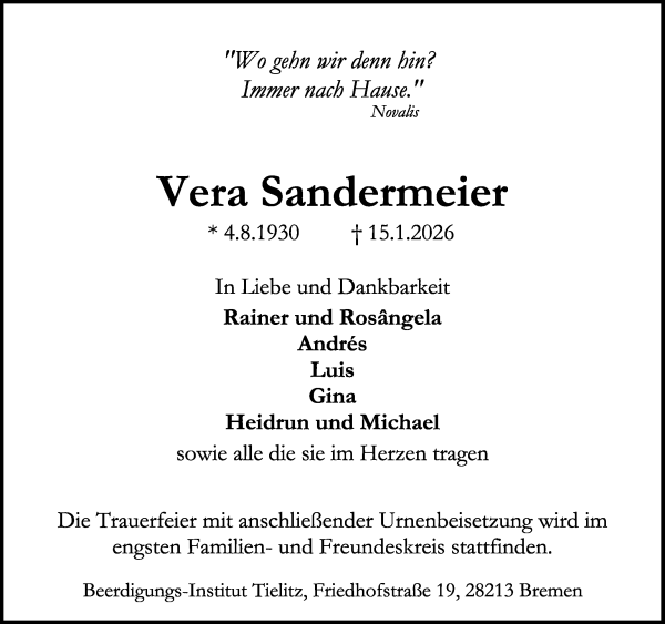 Traueranzeige von Vera Sandermeier von WESER-KURIER