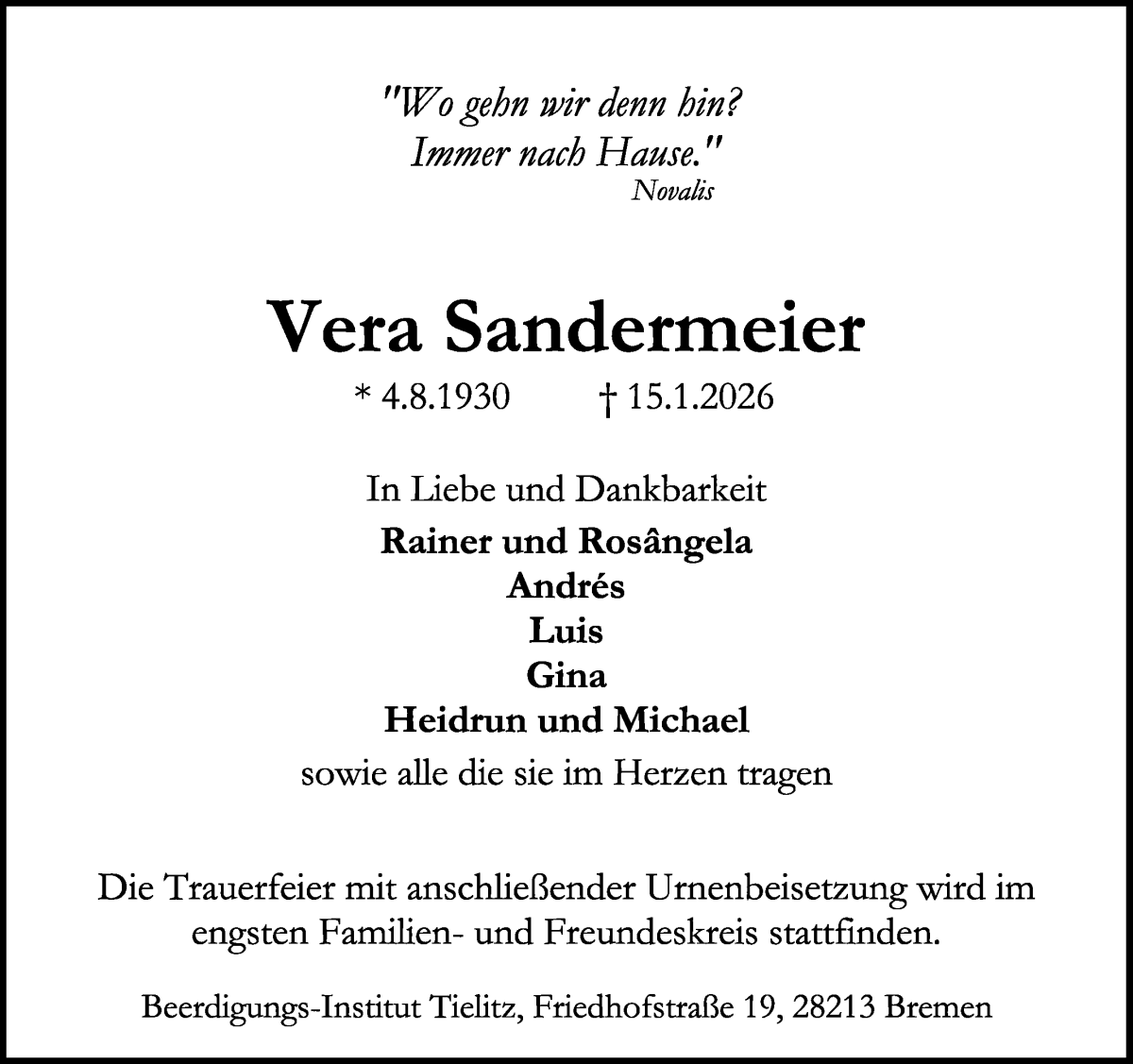 Traueranzeige von Vera Sandermeier von WESER-KURIER