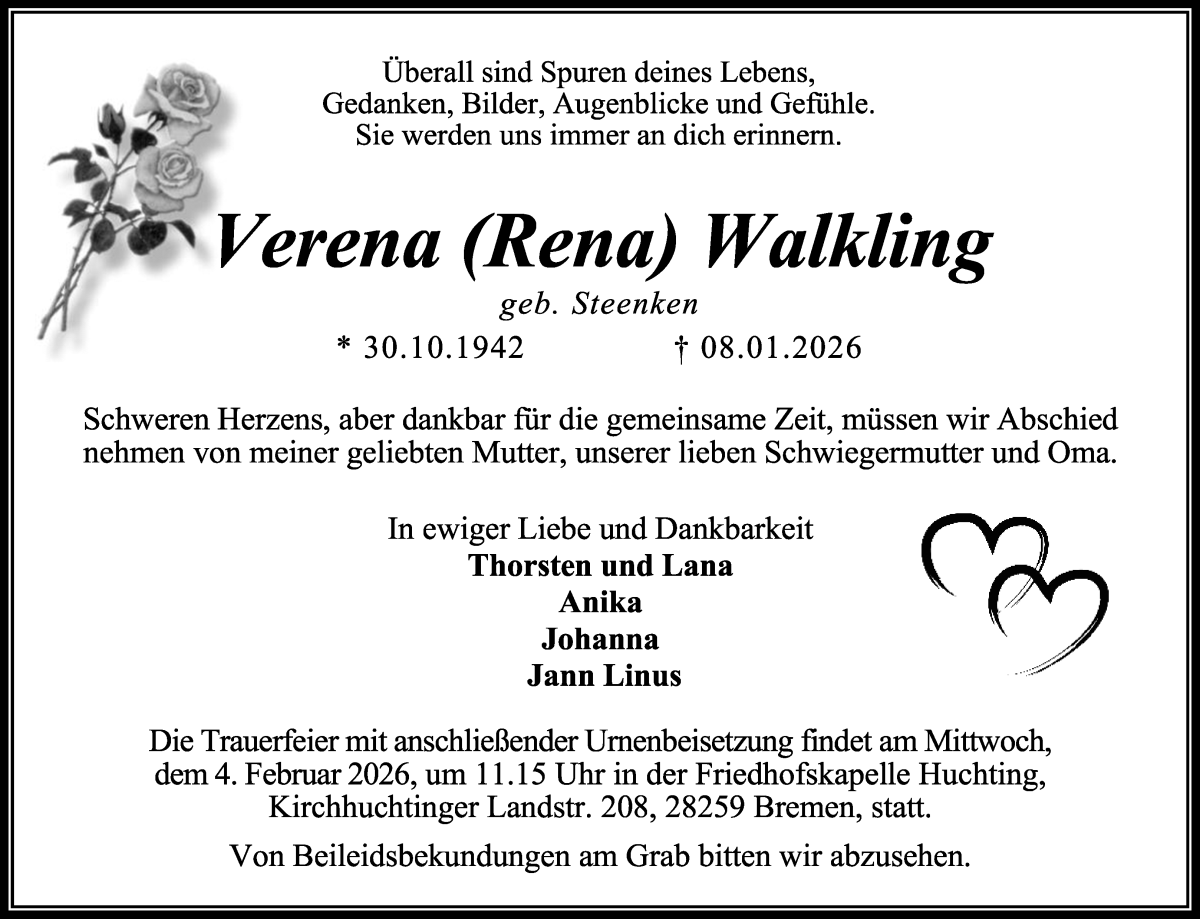 Traueranzeige von Verena Walkling von WESER-KURIER