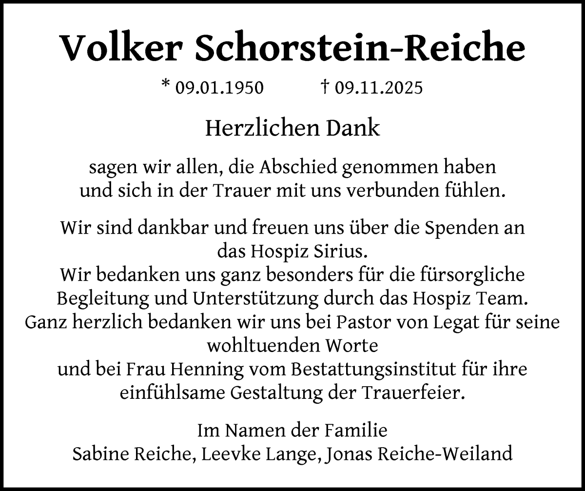 Traueranzeige von Volker Schorstein-Reiche von WESER-KURIER