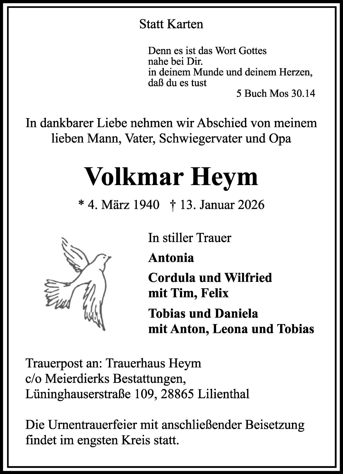 Traueranzeige von Volkmar Heym von WESER-KURIER