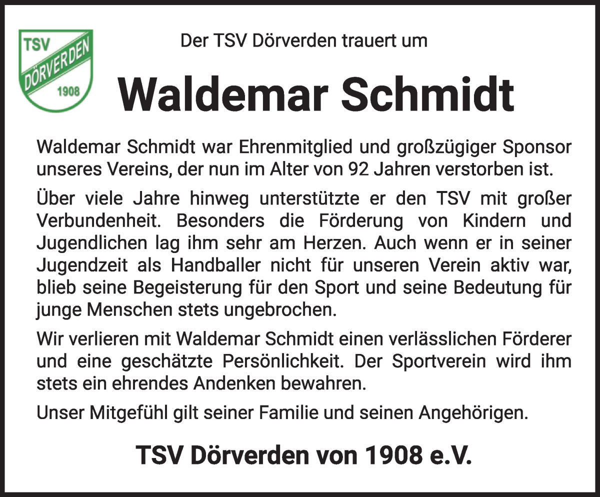 Traueranzeige von Waldemar Schmidt von Die Norddeutsche