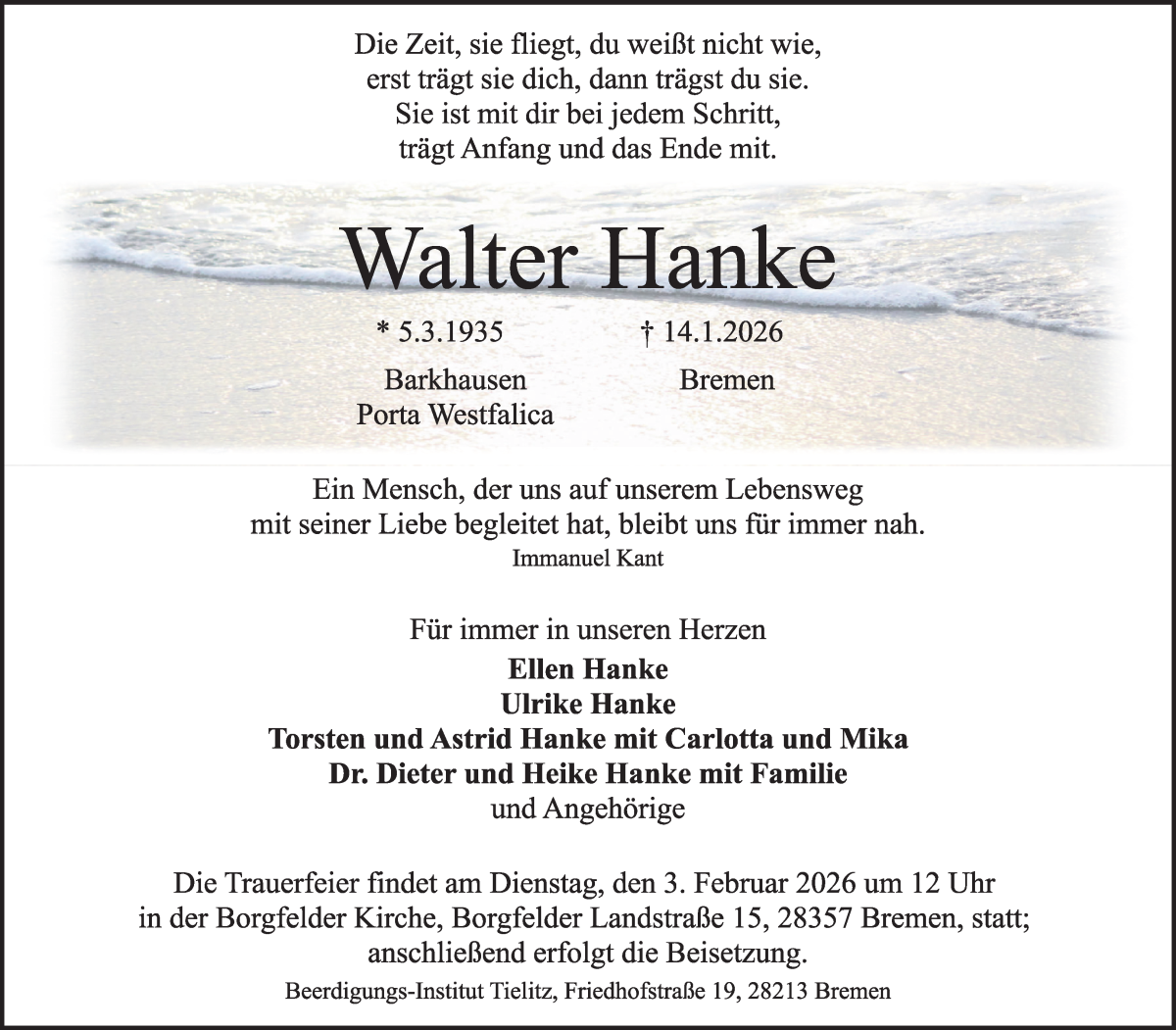 Traueranzeige von Walter Hanke von WESER-KURIER