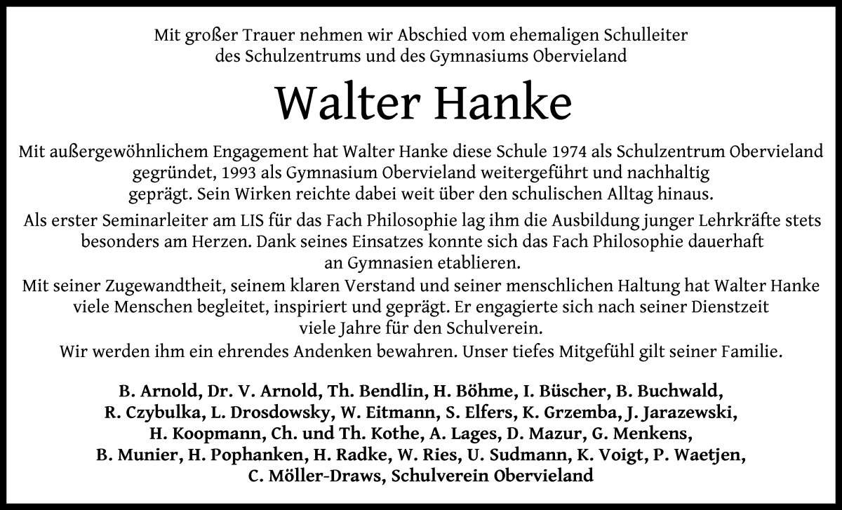 Traueranzeige von Walter Hanke von WESER-KURIER