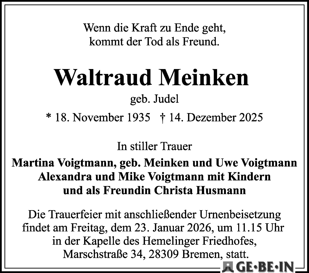 Traueranzeige von Waltraud Meinken von WESER-KURIER