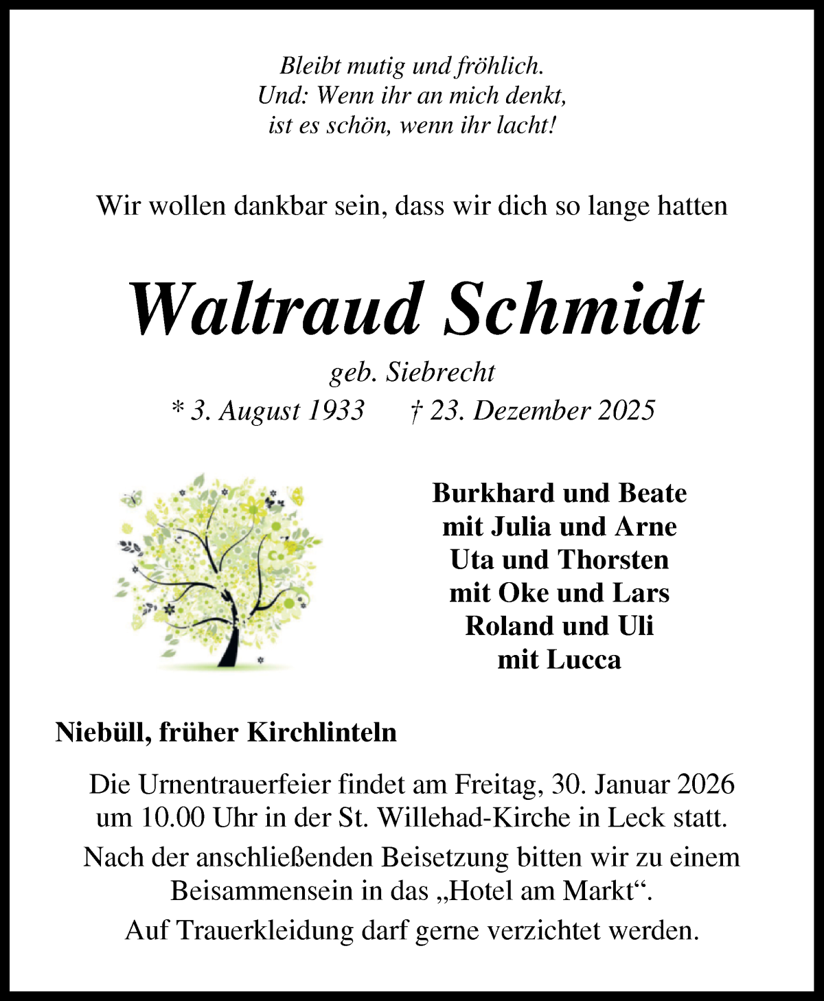 Traueranzeige von Waltraud Schmidt von WESER-KURIER