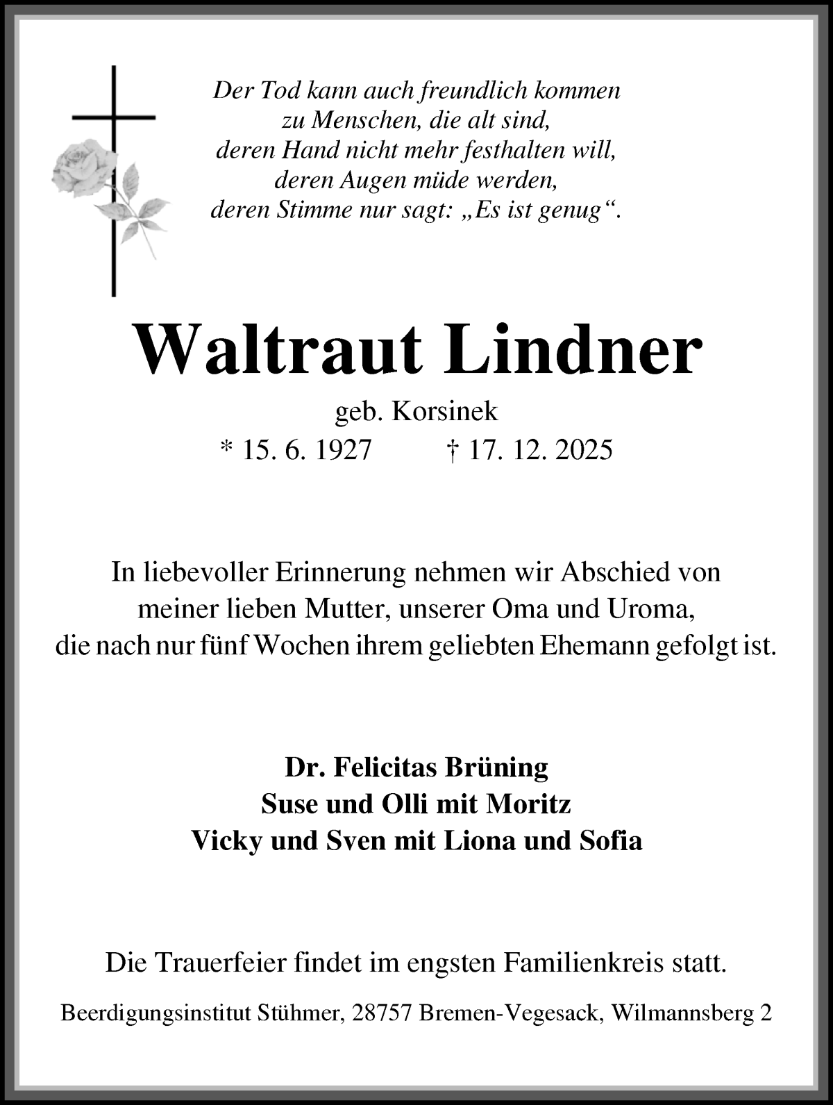 Traueranzeige von Waltraut Lindner von Die Norddeutsche