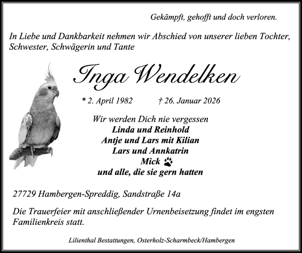 Traueranzeige von Wendeltkern Wendelken von Osterholzer Kreisblatt