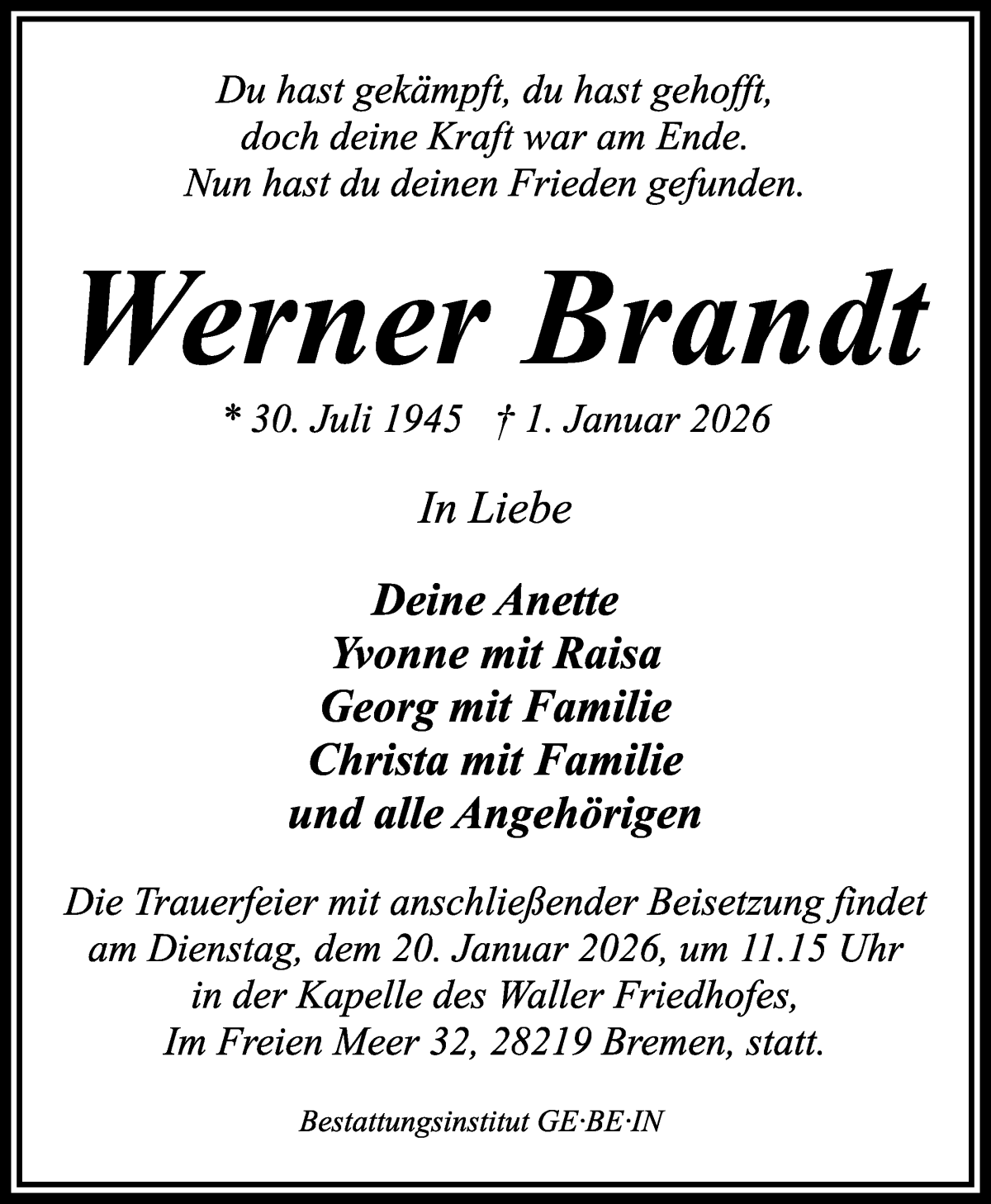 Traueranzeige von Werner Brandt von WESER-KURIER