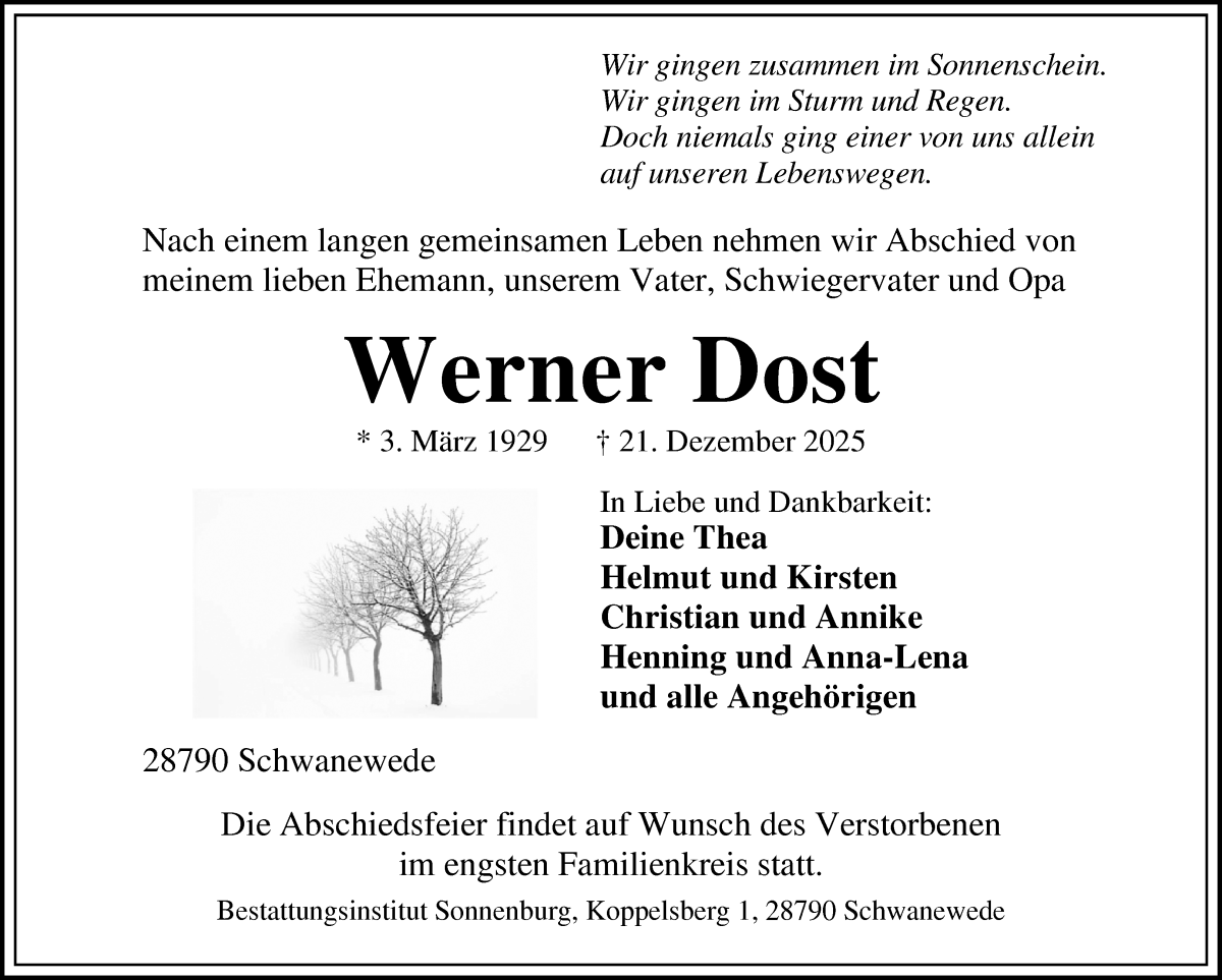 Traueranzeige von Werner Dost von Die Norddeutsche