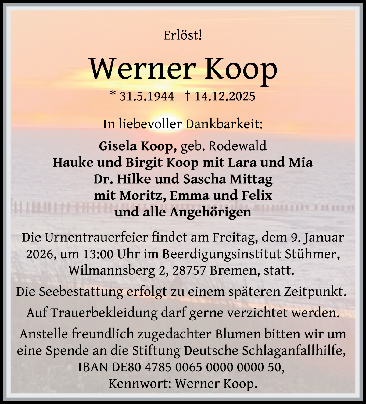 Traueranzeige von Werner Koop von Die Norddeutsche