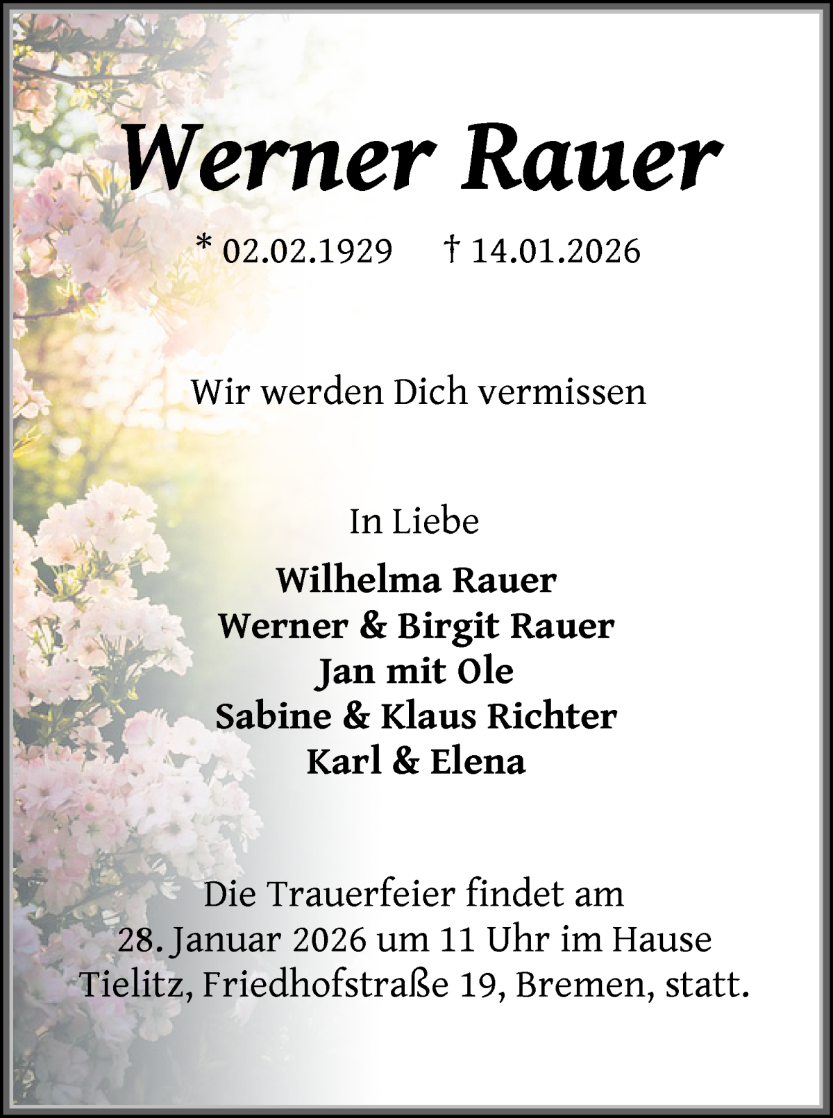 Traueranzeige von Werner Rauer von WESER-KURIER