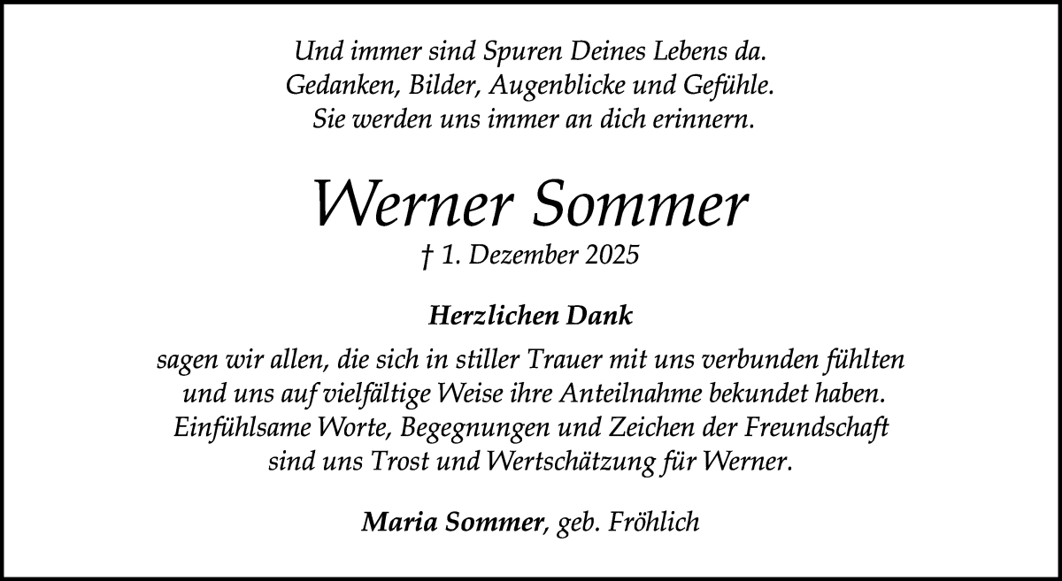  Traueranzeige für Werner Sommer vom 10.01.2026 aus WESER-KURIER
