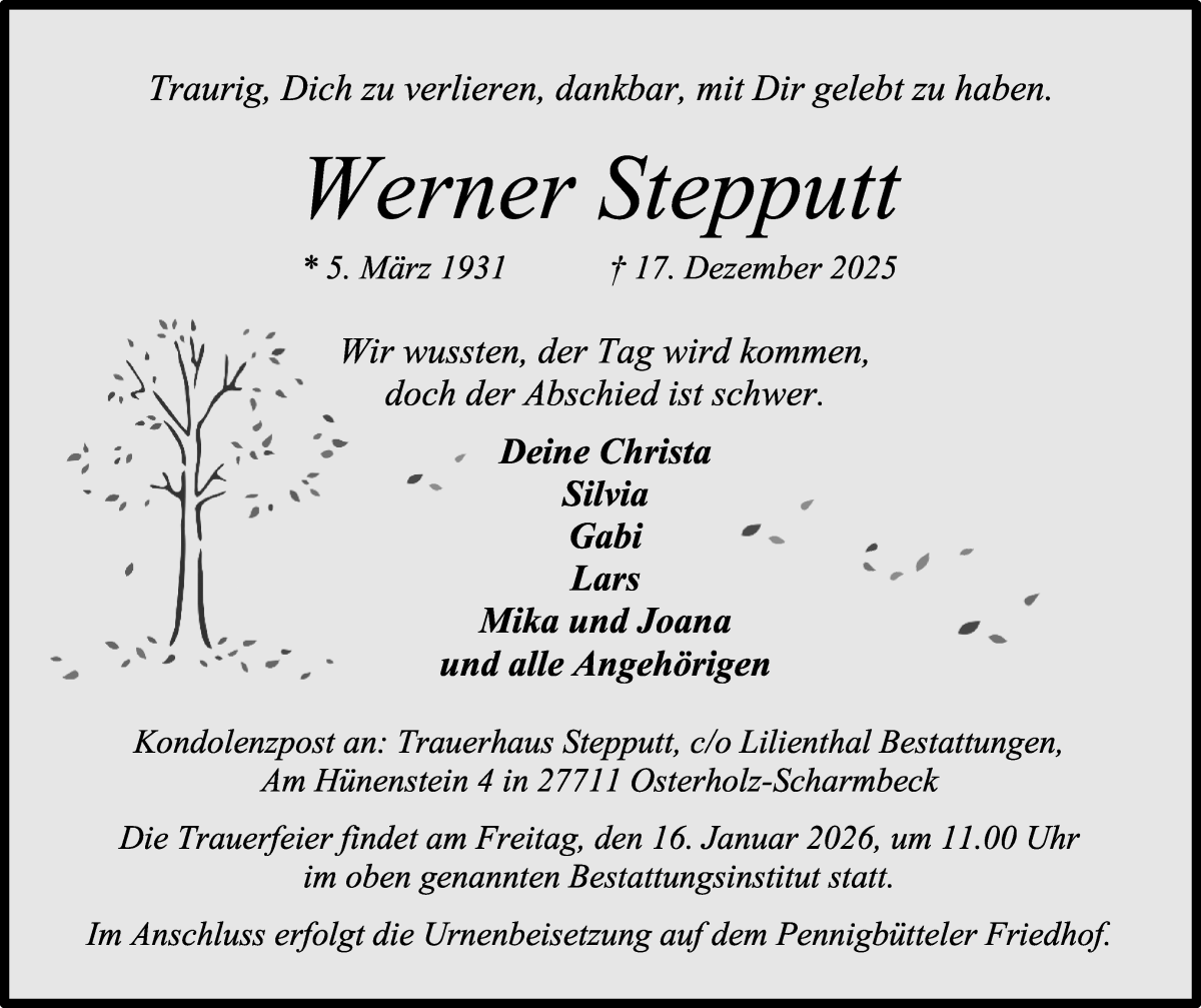 Traueranzeige von Werner Stepputt von Osterholzer Kreisblatt