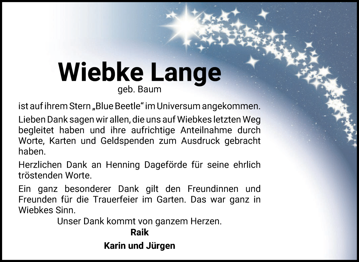 Traueranzeige von Wiebke Lange von Osterholzer Kreisblatt