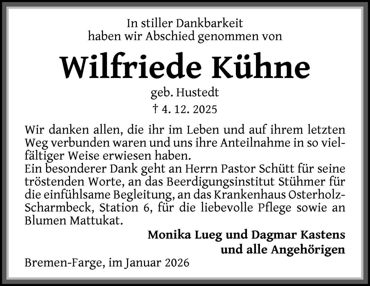Traueranzeige von Wilfriede Kühne von Die Norddeutsche