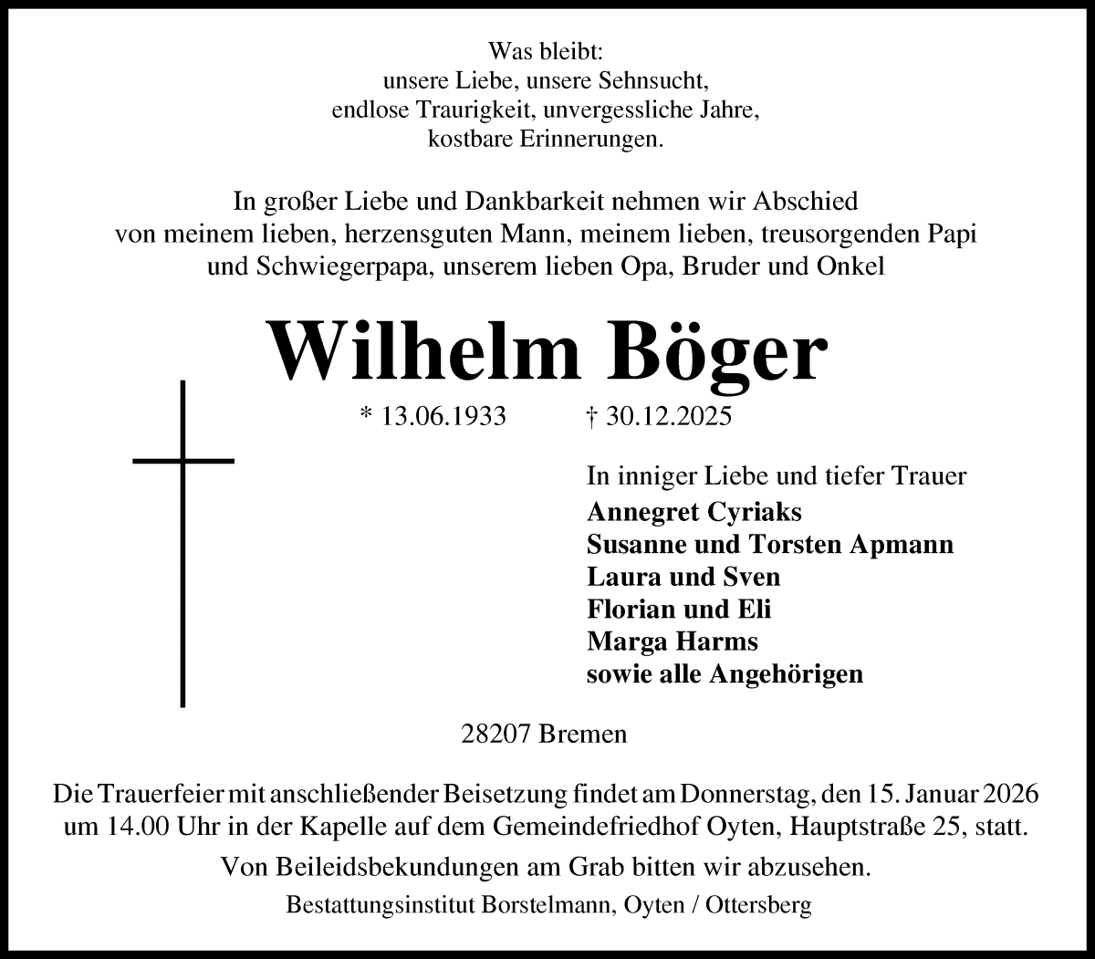 Traueranzeige von Wilhelm Böger von WESER-KURIER