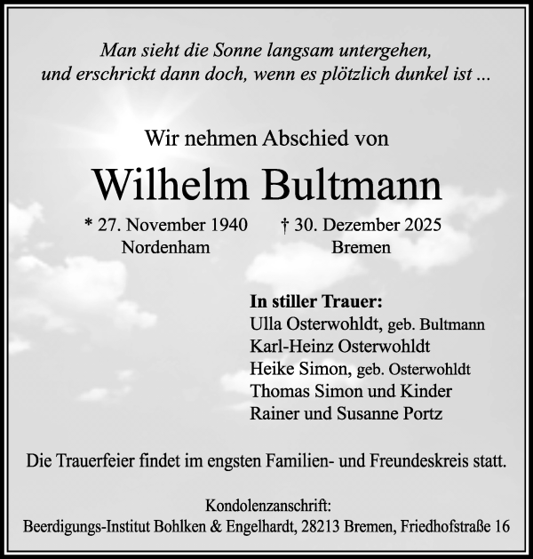 Traueranzeige von Wilhelm Bultmann von WESER-KURIER