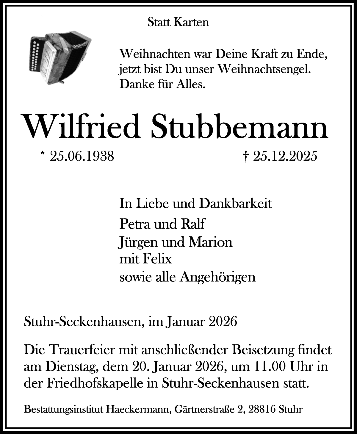 Traueranzeige von Wiliried Stubbemann von Regionale Rundschau/Syker Kurier