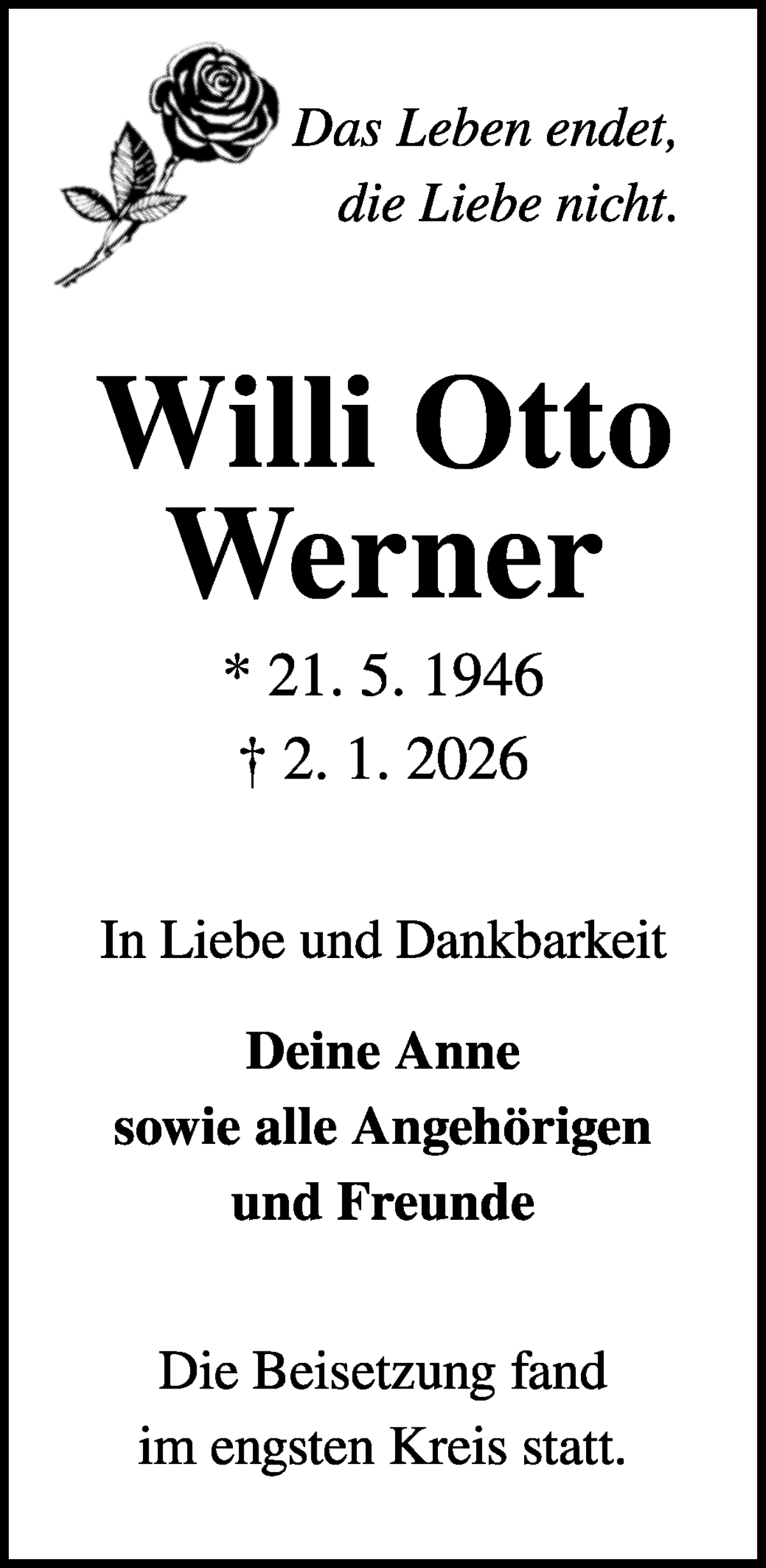 Traueranzeige von Willi Otto Werner von WESER-KURIER