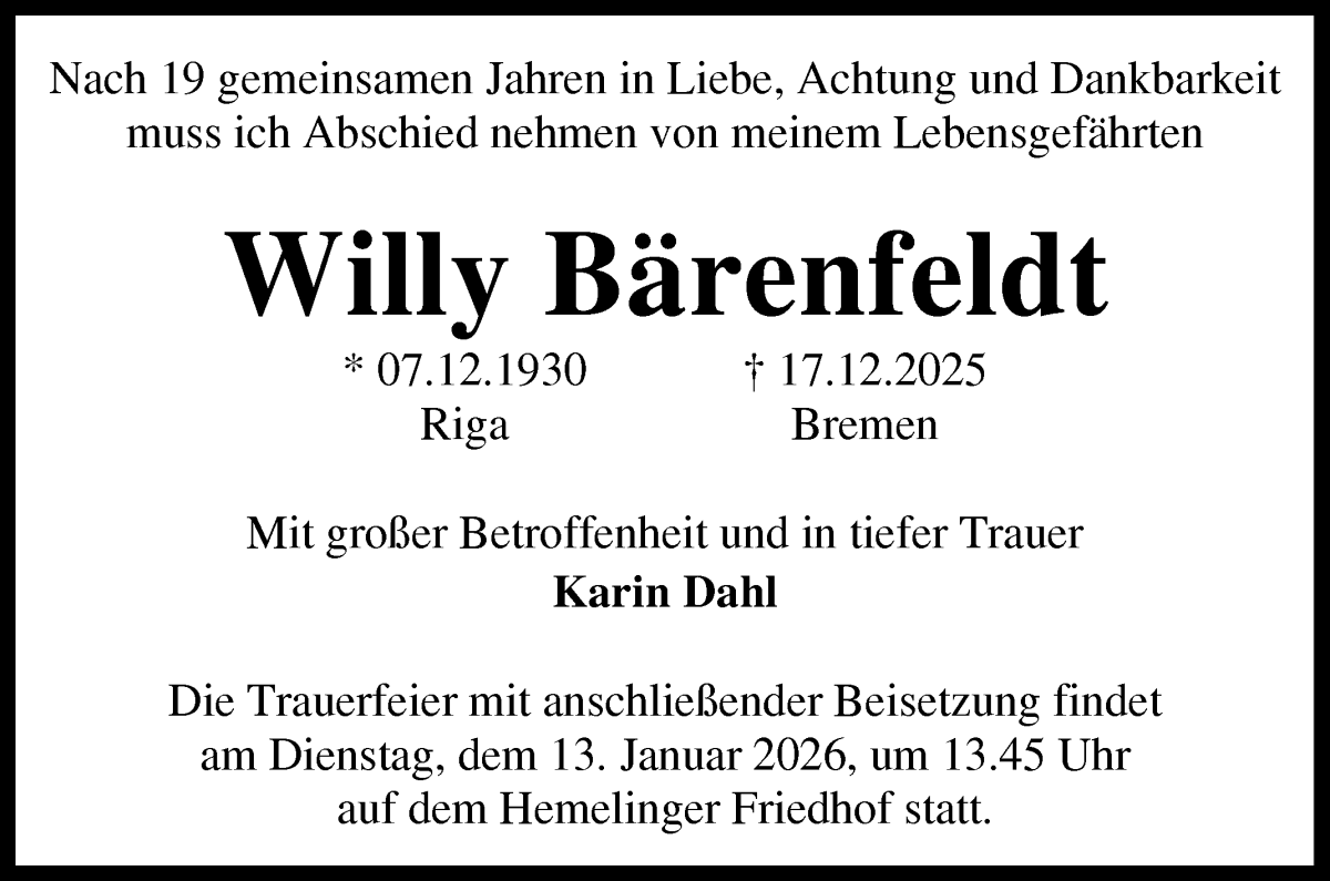 Traueranzeige von Willy Bärenfeldt von WESER-KURIER