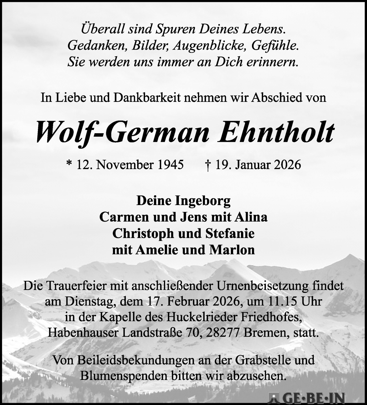 Traueranzeige von Wolf-German Ehntholt von WESER-KURIER