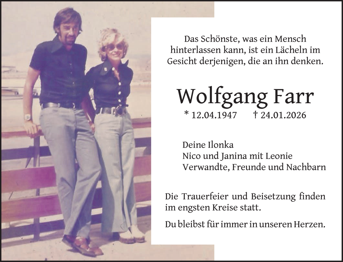 Traueranzeige von Wolfgang Farr von WESER-KURIER