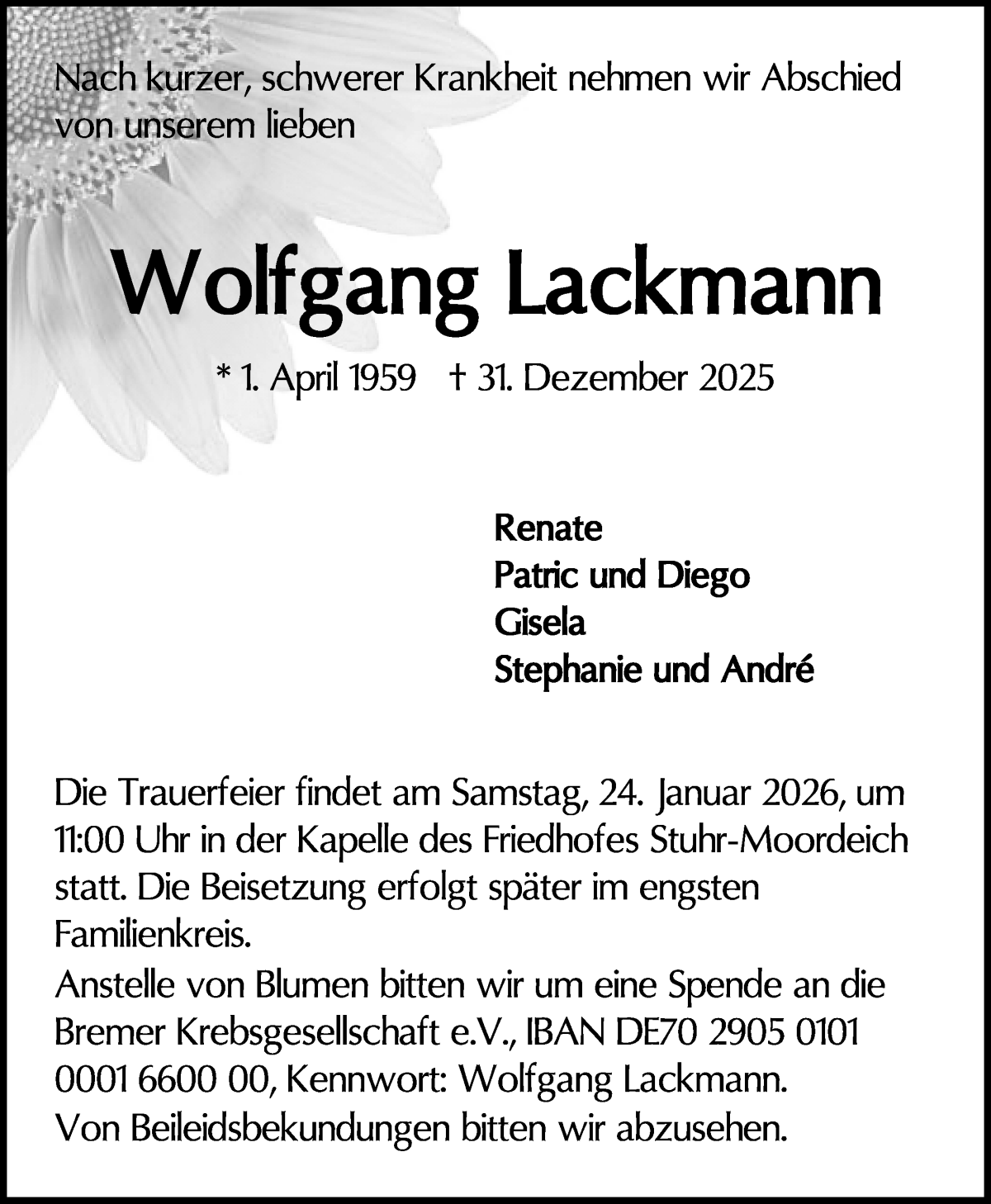 Traueranzeige von Wolfgang Lackmann von WESER-KURIER