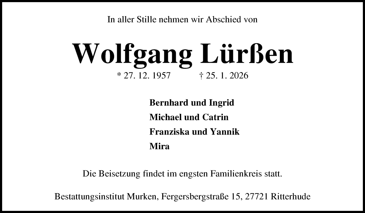 Traueranzeige von Wolfgang Lürßen von Osterholzer Kreisblatt