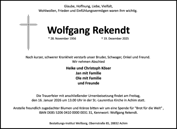 Traueranzeige von Wolfgang Rekendt von Achimer Kurier/Verdener Nachrichten