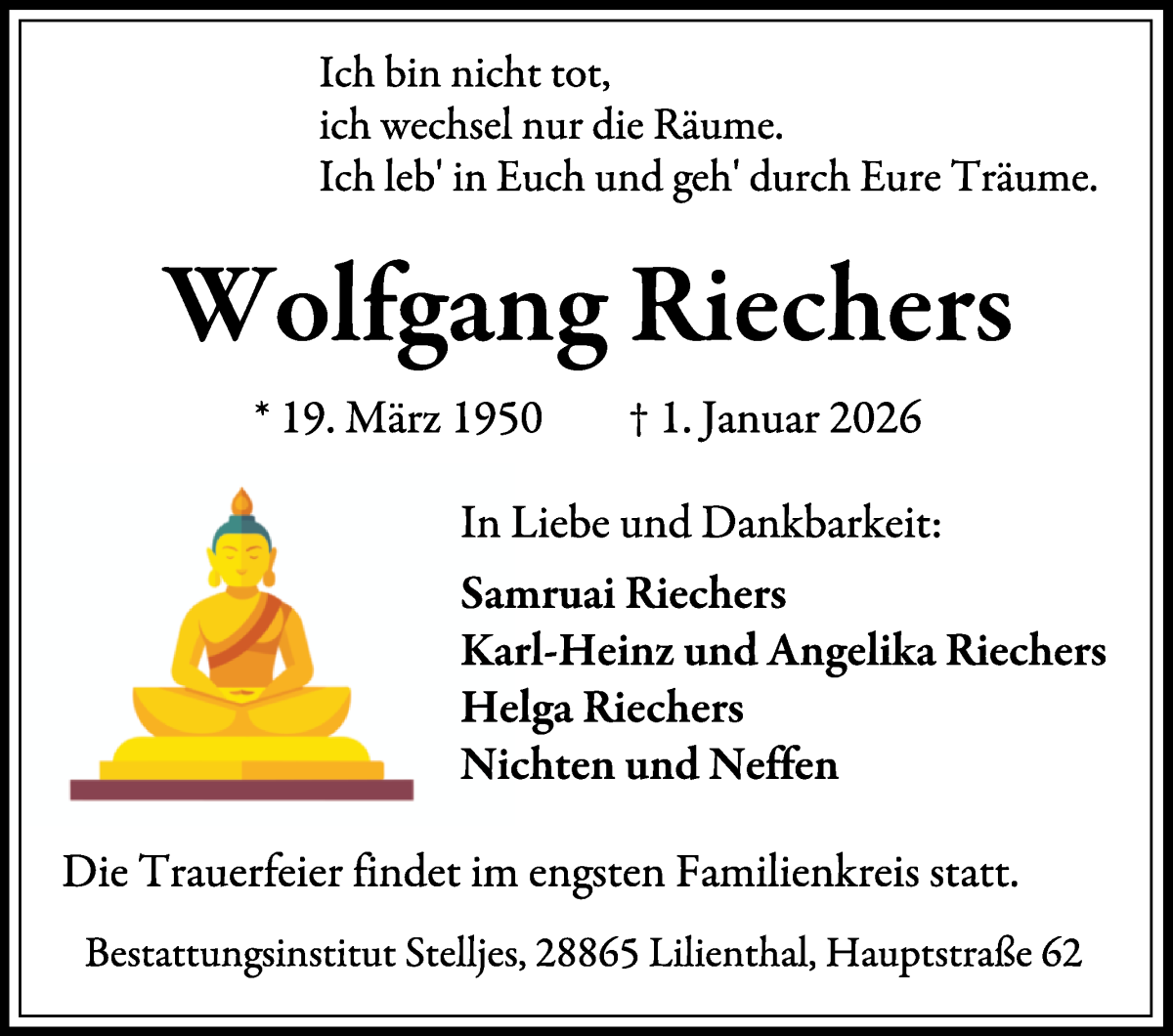 Traueranzeige von Wolfgang Riechers von Wuemme Zeitung