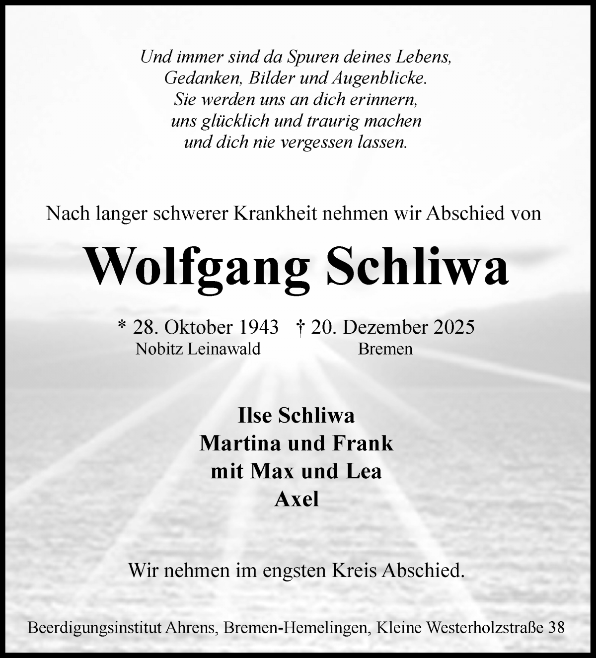 Traueranzeige von Wolfgang Schliwa von WESER-KURIER