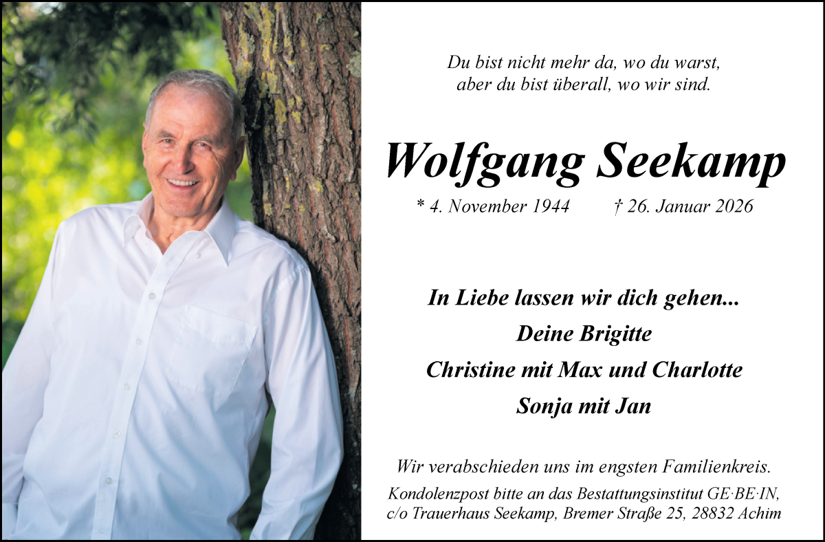  Traueranzeige für Wolfgang Seekamp vom 31.01.2026 aus WESER-KURIER