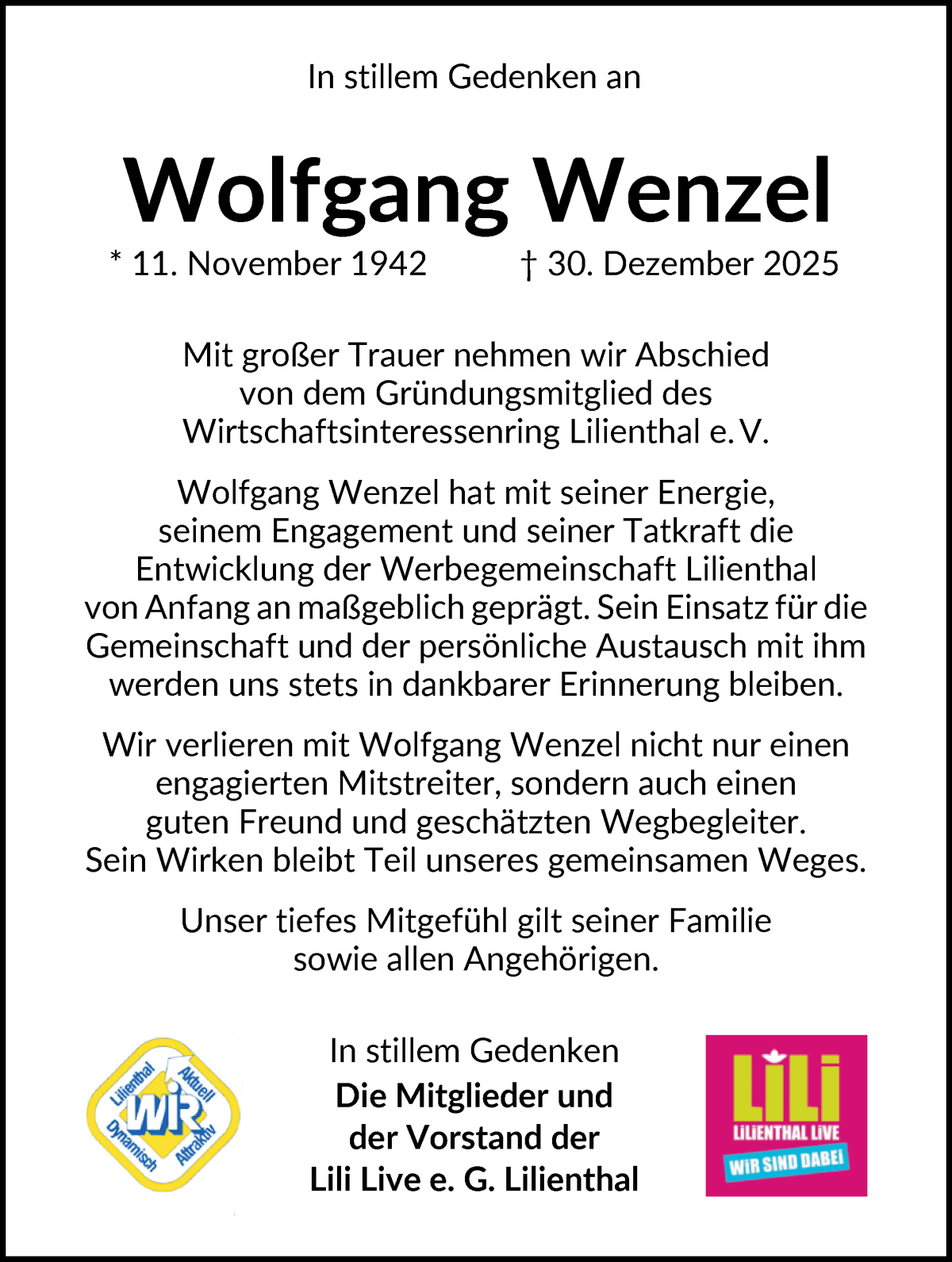 Traueranzeige von Wolfgang Wenzel von Wuemme Zeitung