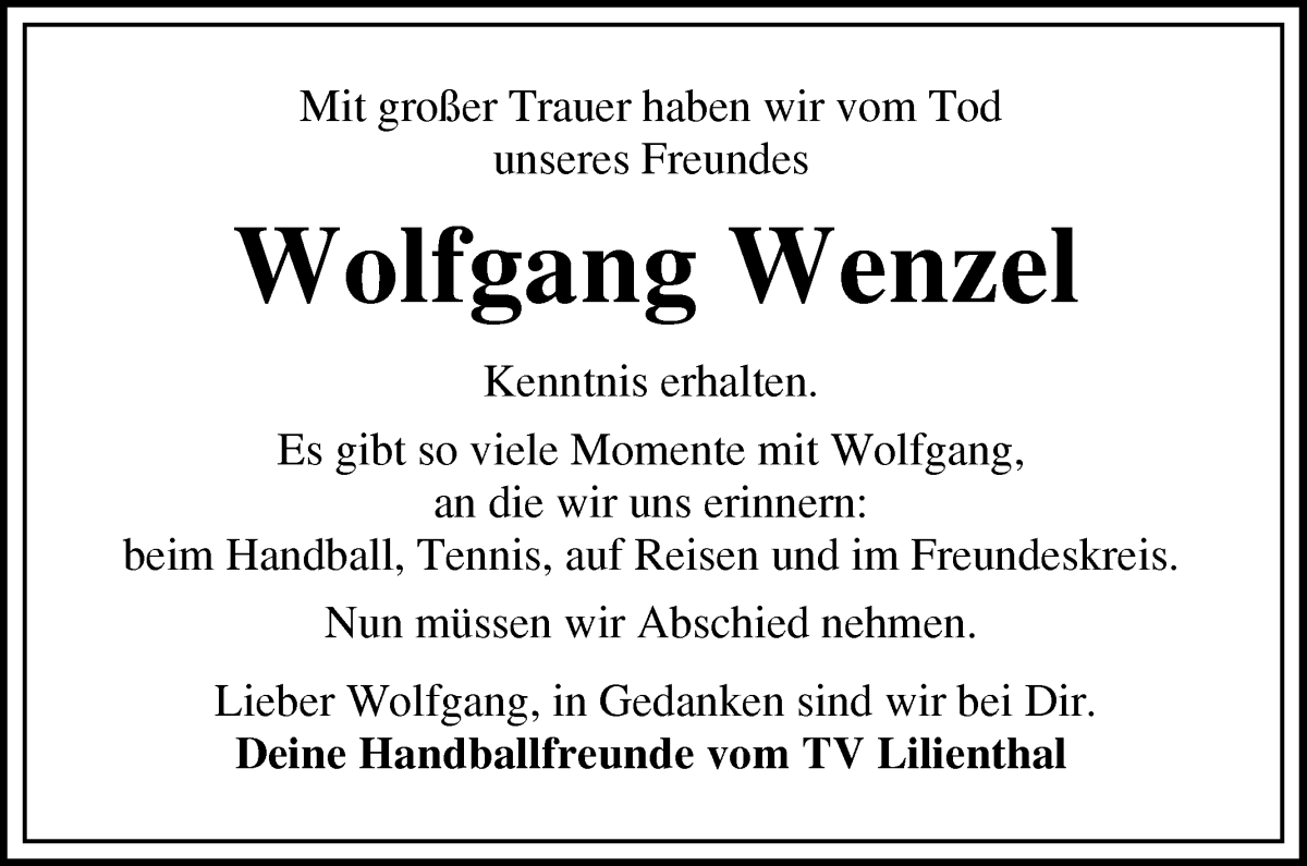 Traueranzeige von Wolfgang Wenzel von Wuemme Zeitung