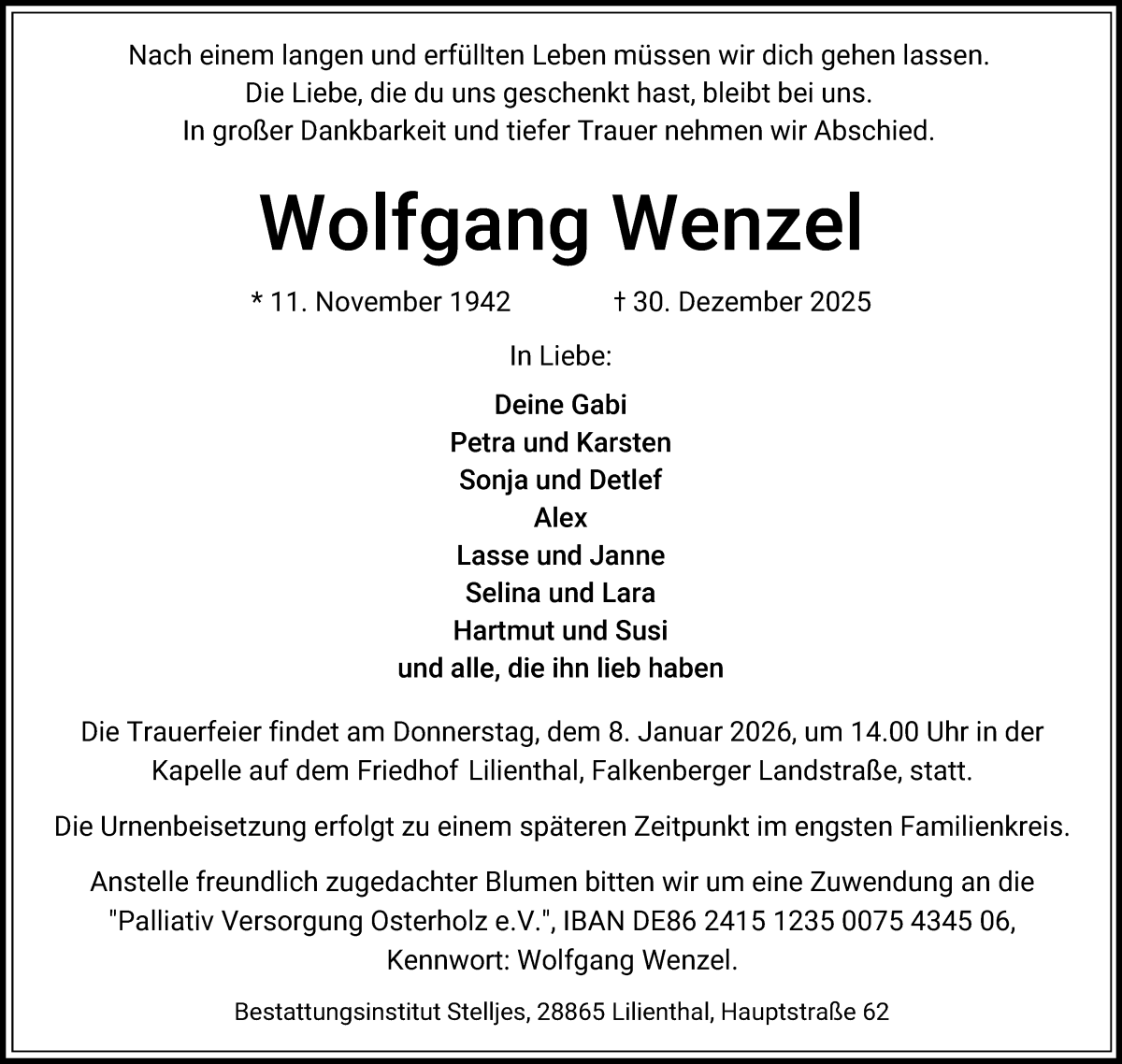 Traueranzeige von Wolfgang Wenzel von Wuemme Zeitung
