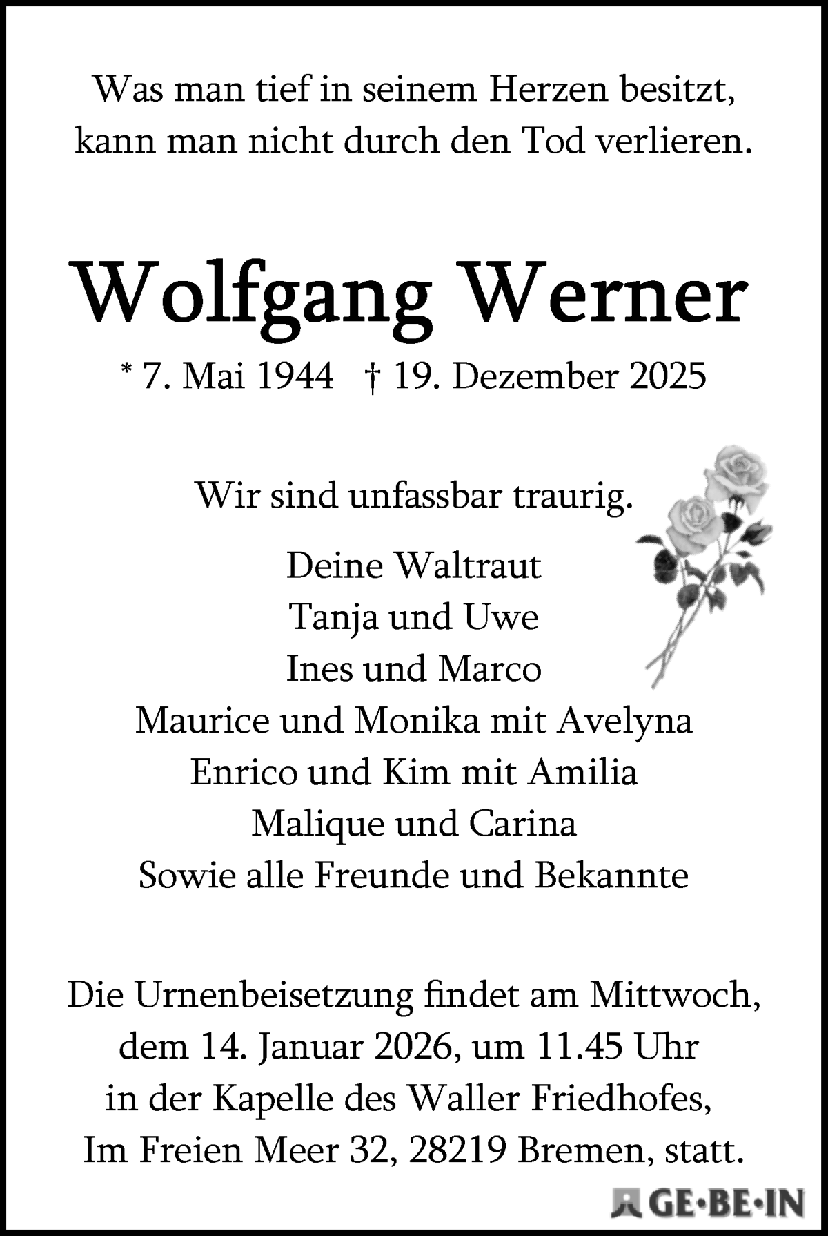  Traueranzeige für Wolfgang Werner vom 03.01.2026 aus WESER-KURIER